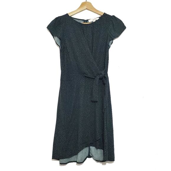 LOFT | Dark Green Polka Dot Tie Side Faux Wrap Dress - Picture 2 of 11